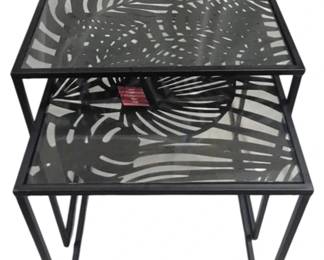484 - Three Hands Set of Nesting Tables (Description): black metal & glass tops, largest 24 x 20 x 20