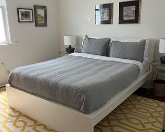 white platform bed, west elm side tables, nectar mattress