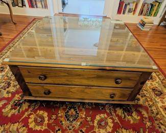 Glass top square coffee table 4 drawers