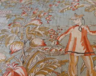 RARE POTTERY BARN Asian Toile Chinoserie Pagoda Linen Queen Size Quilted Spread & 2 Shams