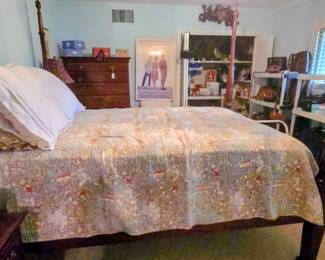Queen Size Designer Chinoiserie Toile Design Pagodas Custom Quilt Bedspread QUEEN Linen W TWO Pillow cases