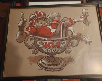 Rare Framed 1980 National Championship print by artist Jack Davis cartoon bulldog in the Sugar Bowl trophy by Artist Jack Davis