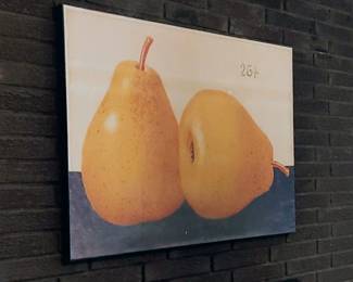 Large centerpiece lithograph print on box canvas form two yellow pears located above the hearth and the checkout rooms