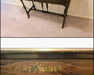 Gorgeous Antique French Drop Leaf Sofa Table /one drawer Hand painted florals/turned spindle legs with stretcher on the bottom / these are narrow forb entryway and we're also used as dressing tables