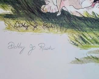 Signed Lithograph Print by Artist Debby Jo Rush Titled Team Work Featuring 3 Ga. Bulldog Puppies Rare (Framed no glass) Still in cardboard
