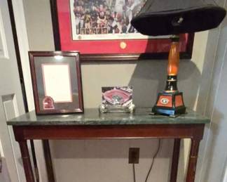 Wooden GA lamp. Green marble top table