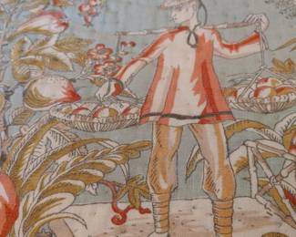 RARE POTTERY BARN Asian Toile Chinoserie Pagoda Linen Queen Size Quilted Spread & 2 Shams
