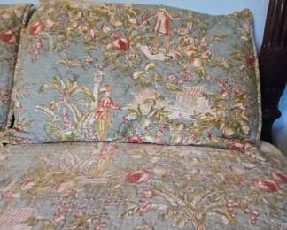 Rare Pottery Barn Blue Queen Size Designer Chinoiserie Toile Design Pagodas Custom Quilt Bedspread QUEEN Linen TWO Pillow shams
