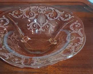 Fostoria Versailles centerpiece bowl in pink glass is decorated with a detailed floral etching 3 footed