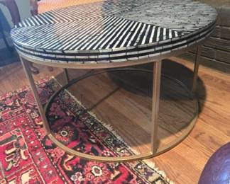 Geometric mid-century modern style black bone inlay mother of pearl table