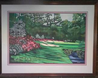 Limited edition serigraph of "Amen corner Corner" at Augusta National, featuring the 13th hole, "Azalea".Similar signed and numbered prints by artists Platke