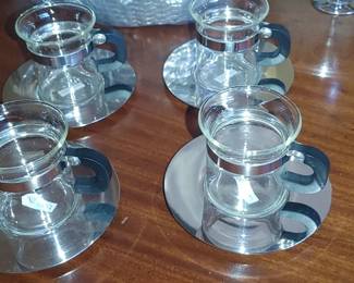 4 Vintage Bodum Picard Star Trek Black C Handle Glass Tea Coffee Mugs & Saucers