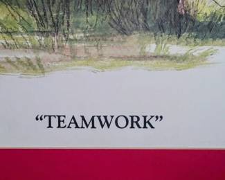 Signed Lithograph Print by Artist Debby Jo Rush Titled Team Work Featuring 3 Ga. Bulldog Puppies Rare (Framed no glass) Still in cardboard