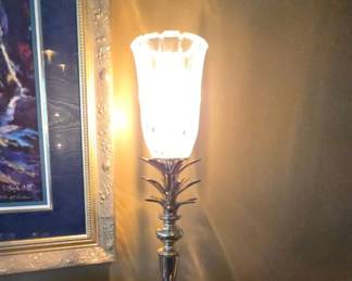 PAIR Vintage Crystal Pineapple & Brass Hollywood Regency style table lamp features a cut glass shade.