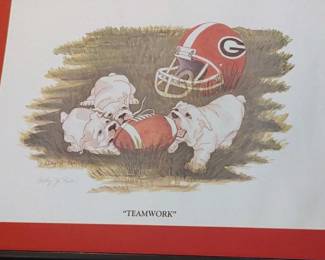Signed Lithograph Print by Artist Debby Jo Rush Titled Team Work Featuring 3 Ga. Bulldog Puppies Rare (Framed no glass) Still in cardboard