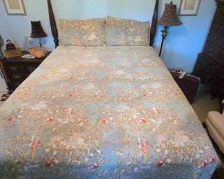 RARE POTTERY BARN Asian Toile Chinoserie Pagoda Linen Queen Size Quilted Spread & 2 Shams