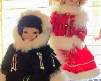 Porcelain Christmas doll satin dress with red beret. Alaskan Friends Native Porcelain Doll Fur Jacket & Boots Black/White Fur