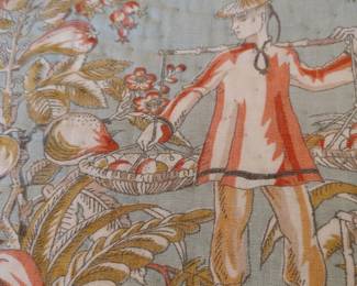 RARE POTTERY BARN Asian Toile Chinoserie Pagoda Linen Queen Size Quilted Spread & 2 Shams