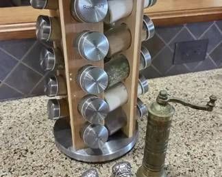 Rotating Spice Rack with Vintage Pepper Mill  Bulldog Salt and Pepper Shakers