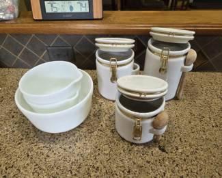 White Ceramic Canister Set with Mixing Bowls