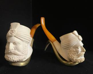 Pair Of Vintage Turkish Meerschaum Carved Tobacco Pipes