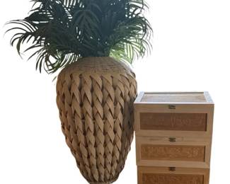 Large Vintage Boho Woven Palm Leaf Urn Vase  Wood Display Boxes