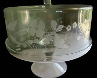 Vtg Etched Glass Pedestal Cake Stand WMatching Dome Lid