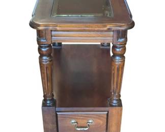 Traditional Dark Wood  GlassTop Accent End Table with Storage Drawer
