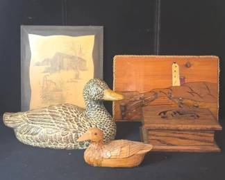 Vintage Rustic Decor Lot  5 Pcs. Ducks, Plaques And Hinged Box
