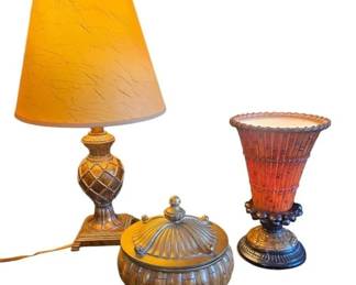 3Pc Vintage Hollywood Regency Bronze  Amber Lamp  Lidded Jar Set