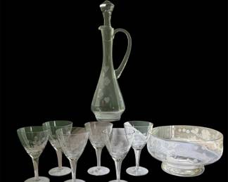 Vtg MCM Etched Glass Wine Decanter, Pedestal Bowl  6 Wine Glasses