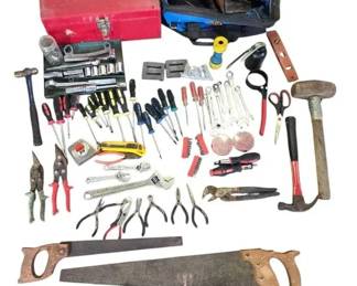 Vintage Workshop Hand Tool Lot With Metal Toolbox  Canvas Bag