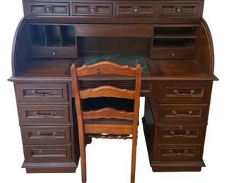 Vintage Wooden RollTop Desk  LadderBack Chair