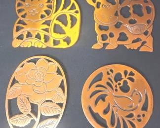 Vintage Copper Plated Cast Iron Trivet Lot of 5  Farmhouse Cow, Pig, Cat, Rose  Bird