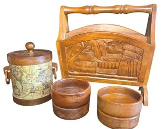 Vintage MCM Mid Century Lounge Lot  Carved Wooden Magazine Rack, Map Ice Bucket, Monkey Pod Bowls
