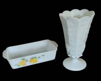 Vintage Milk Glass Baking Dish And Decorative Milk Glass Vase