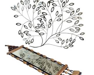 Beaded Wooden Wall Mirror and Metal Wall Leaf Art Bundle