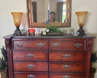 Dresser, mirror, lamps