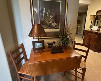 Drop leaf table, framed art