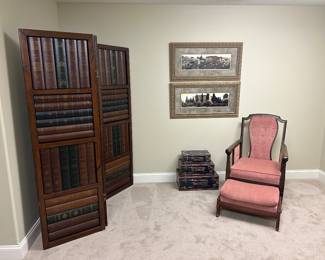 Room divider/screen, accent chair, framed prints, framed art