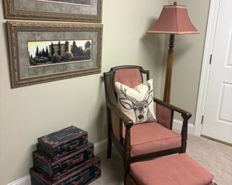 Armchair with ottoman, storage, framed art