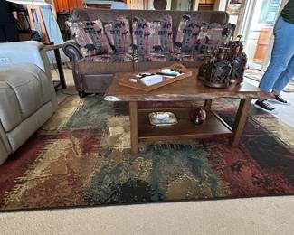 Rustic coffee table, couch, area rug