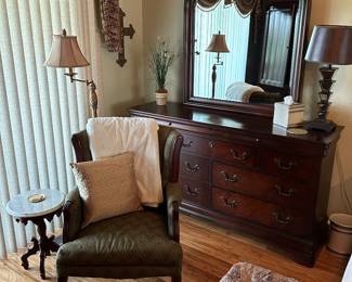 Dresser w/mirror, side table, arm chair