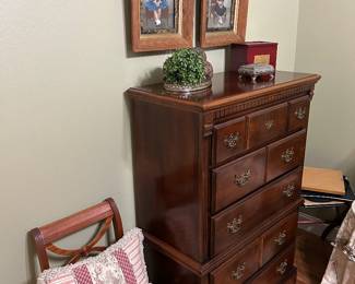 Tall chest of drawers, accent chair, framed art