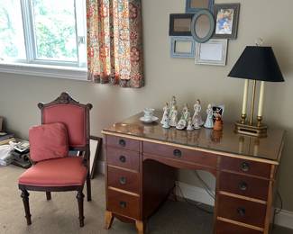 Desk, vanity, accent chair, figurines