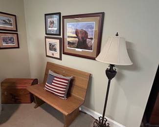 Lamp, bench, framed art