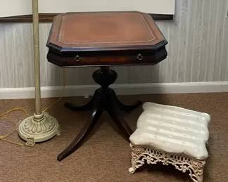 Vintage Leather Tooled Wood Side Table, Cast Iron Foot Cushion, Tall Floor Lamp