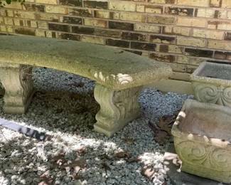 Concrete Bench with Two Concrete Planters