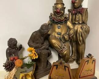Pair of Vintage Ceramic Clowns, Ceramic Statues, Wood Bookends, Metal Vase