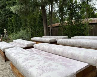 Custom-built benches and tables for raised vegetable garden beds